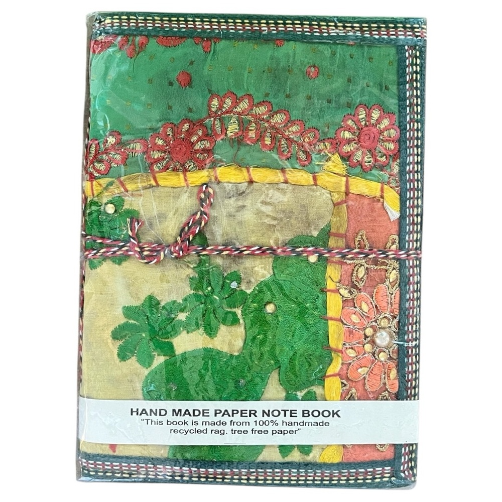 Handcrafted Embroidered Notebook Zero-Waste Sari Silk Journal (golden green)